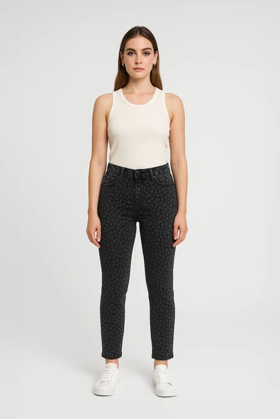 Kadın Slim Fit Normal Bel Desenli Likralı Gri Jean Pantolon ürün görseli 1