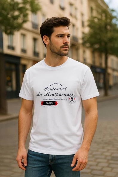 Erkek Bisiklet Yaka Baskılı T-shirt ürün görseli 1