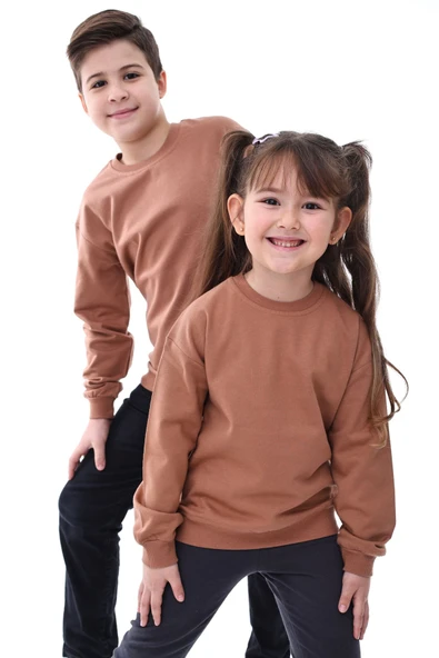 2'li Basic Şardonlu Çocuk Sweatshirt 3-10 Yaş Hardal-Antrasit - Resim 3