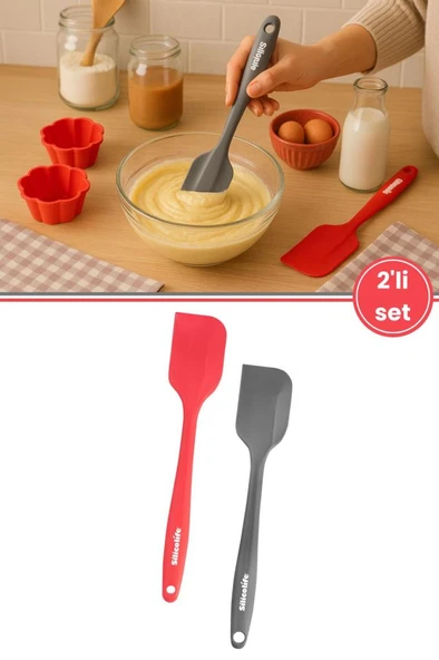 Silicolife 2’li Spatula Set, Isıya Dayanıklı Yanmaz Yapışmaz Silikon Spatula 2 Adet Kırmızı-Antrasit 21cm ürün görseli 1