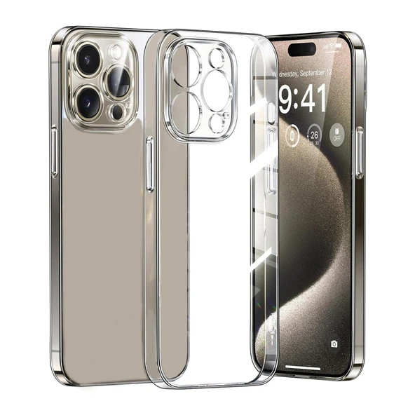 iPhone 15 Pro Max Kılıf Metal Tuşlu Kamera Korumalı Silikon Şeffaf Arka Kapak ürün görseli 1