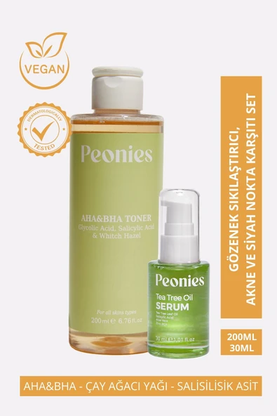 PEONİES Gözenek Sıkılaştırıcı,  ve Siyah Nokta Karşıtı Set | AHA-BHA Tonik ve Çay Ağacı Yağı Serum ürün görseli 1