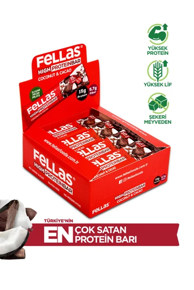 Fellas Yüksek Protein Bar - Hindistan Cevizli ve Kakaolu 45 gr x 12 Adet ürün görseli 1
