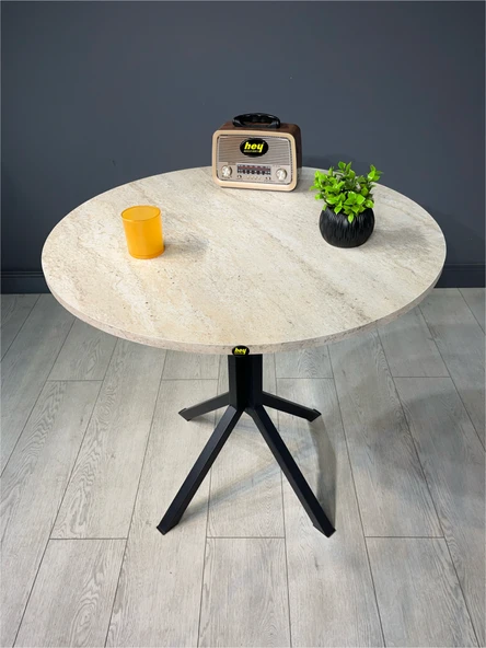 Hey Modüler Mobilya Saray Traverten Yuvarlak Mutfak Yemek Masası Balkon Metal Siyah Ayak 80 Cm ürün görseli 1