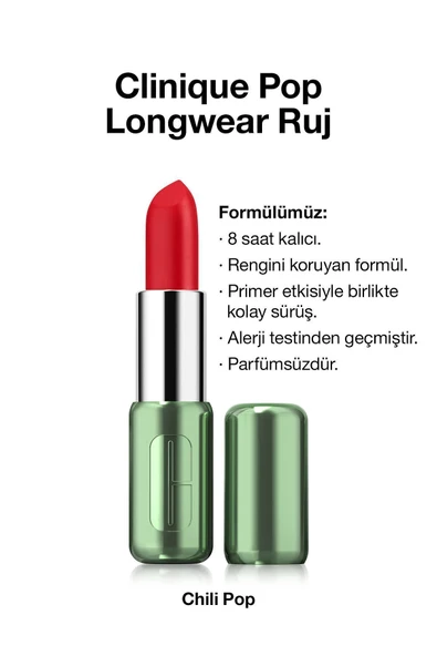 CLİNİQUE Pop Longwear™ Gün Boyu Kalıcı Ruj - Renk: Chilli Pop 3.9g | Mat Bitiş ürün görseli 1