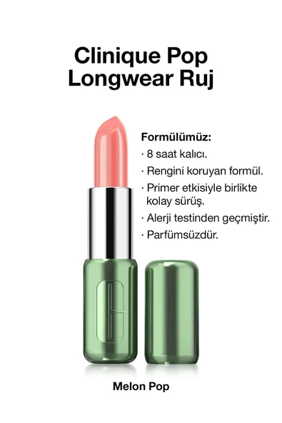 CLİNİQUE Pop Longwear™ Gün Boyu Kalıcı Ruj - Renk: Melon Pop 3.9g | Parlak Bitiş ürün görseli 1