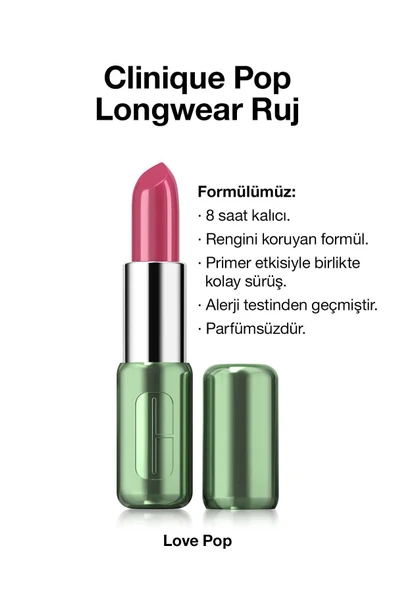 CLİNİQUE Pop Longwear™ Gün Boyu Kalıcı Ruj - Renk: Love Pop 3.9g | Parlak Bitiş ürün görseli 1
