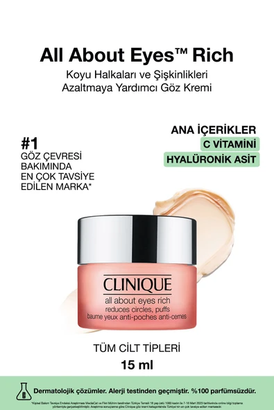 CLİNİQUE All About Eyes Rich™ Hyalüronik Asit Ve Kafein Içeren Yoğun Göz Kremi 15ml | Şişkinlik Ve Koyu Halka ürün görseli 1