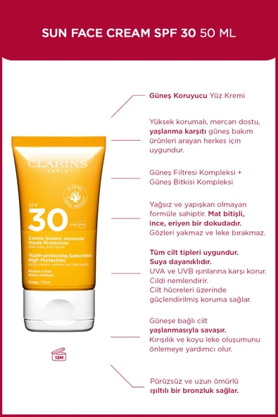 CLARİNS SUN FACE CREAM SPF30 50ML - Yüz için 30 SPF Güneş Kremi ürün görseli 1