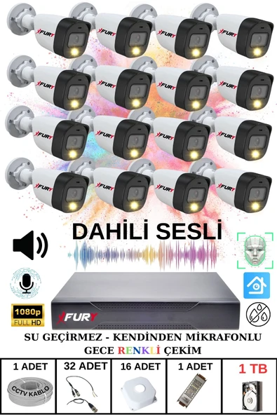 FURY 16 LI Sesli Gece Renkli Görüş Güvenlik Kamerası Su Geçirmez Güvenlik Kamerası Seti 1TB ürün görseli 1