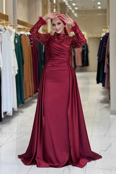 Pul Payet Saten Abiye 7064 Bordo ürün görseli 1