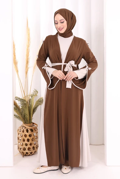 Fiyonk Detaylı Abaya Elbise Takım 3955 Kahverengi ürün görseli 1
