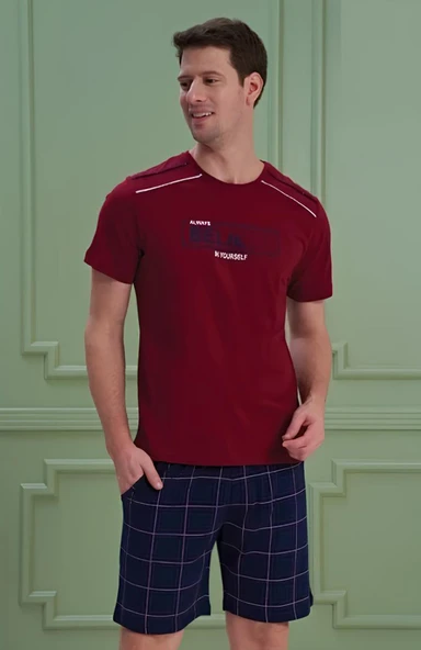 Erkek Yazılı Kısa Kollu Şortlu Pijama Takım - 1204 - OVR - SLP ürün görseli 1