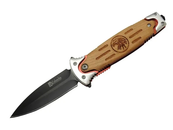 Columbia FS 11032 Kahverengi Kurtarma / Kamp Çakısı 20cm - Kartal İşlemeli Ahşap Sap, Kemerlikli, Cam Kırma Aparatlı ürün görseli 1