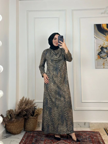 Leopar Degaje Yaka Elbise-Leopar ürün görseli 1