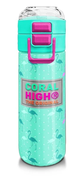Coral High 500 ml Paslanmaz Çelik Okul Termosu/Suluk/Matara - Kız Çocuk - Su Yeşili Neon Pembe Flamingo Desenli - Sızdırma Yapmaz ürün görseli 1