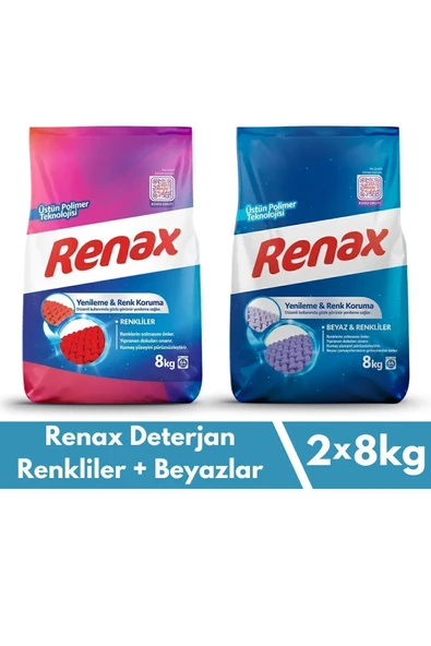 Renax Toz Çamaşır Deterjanı 8 Kg 2 Li Paket Renkliler Ve Beyazlar ürün görseli 1