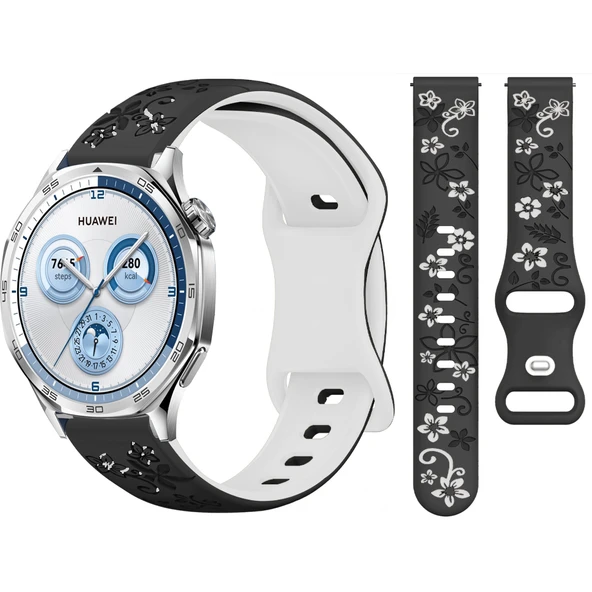 Huawei Watch GT2 GT3 GT4 GT5 46mm İle Uyumlu FloraFlex Çiçek Desenli Silikon Kordon  Siyah Beyaz ürün görseli 1
