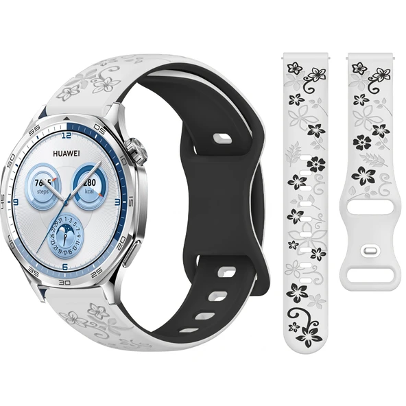Huawei Watch GT2 GT3 GT4 GT5 46mm İle Uyumlu FloraFlex Çiçek Desenli Silikon Kordon  Beyaz ürün görseli 1