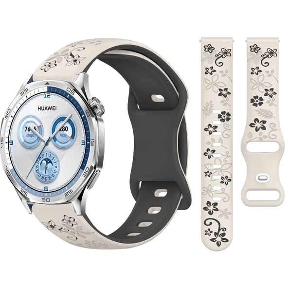 Huawei Watch GT2 GT3 GT4 GT5 46mm İle Uyumlu FloraFlex Çiçek Desenli Silikon Kordon  Starlight ürün görseli 1