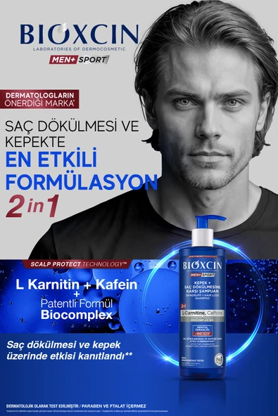 Bioxcin Kepek Önleyici  Saç Dökülmesine Karşı Şampuan 500Ml - L-Carnitine, Kafein, Biocomplexb11, Men Sport ürün görseli 1