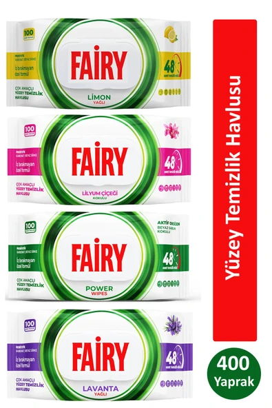 Fairy Çok Amaçlı Yüzey Temizlik Havlusu 100 Yaprak x 4 Adet (Lavanta, Power Wipes, Limon, Lilyum Çiçeği) ürün görseli 1