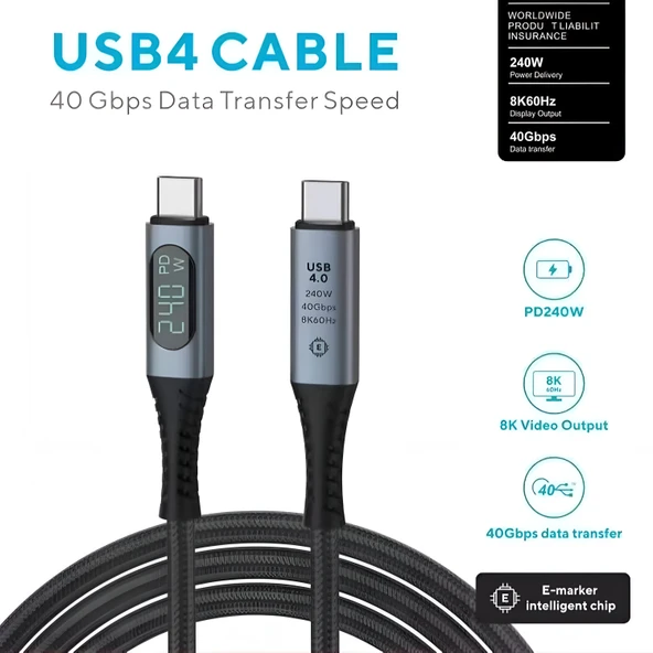 Daytona ZR850 LED 240W USB 4.0 40GBPS 8k Thunderbolt Görüntü Aktarım ve Hızlı Şarj Kablosu 1 Metre ürün görseli 1