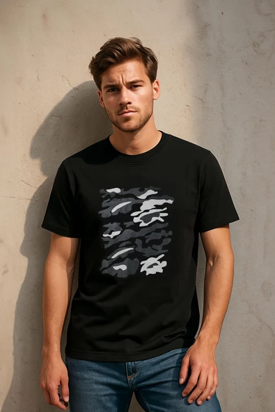 Erkek Bisiklet Yaka %100 Pamuk Baskılı Siyah T-shirt ürün görseli 1