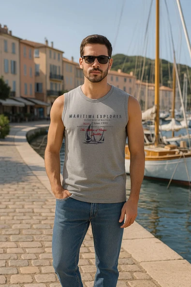 Erkek Bisiklet Yaka Yelken Baskılı Kolsuz T-shirt ürün görseli 1