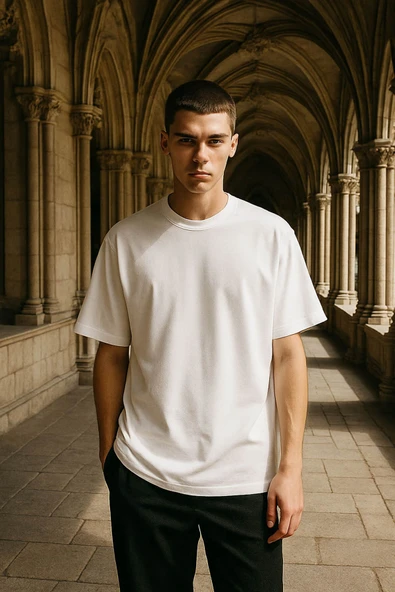 Erkek Bisiklet Yaka Oversize %100 Pamuk T-Shirt ürün görseli 1