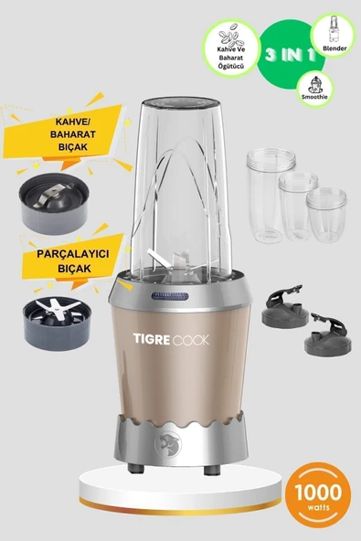 TIGRECOOK Nutrıshake 3 In 1 Kişisel Smoothie Blender Ve Kahve Baharat Öğütücü 1000w ürün görseli 1
