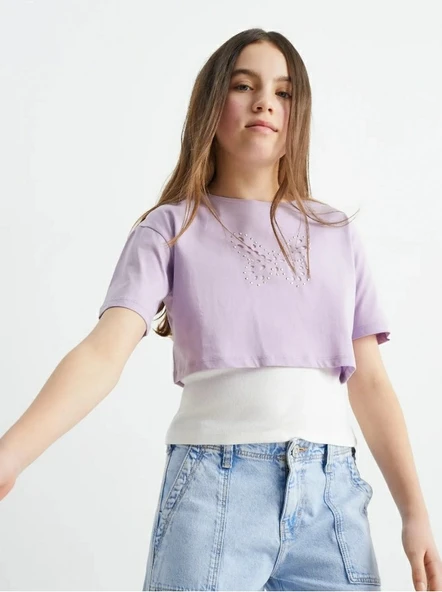 Kelebekli Taşlı Kız Çocuk Crop Set ürün görseli 1