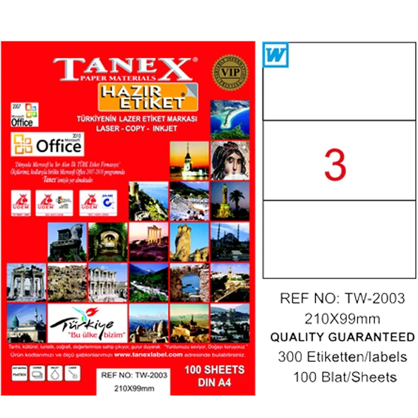Tanex Laser Etiket 100 YP 210x99 Laser-Copy-Inkjet TW-2003 ürün görseli 1