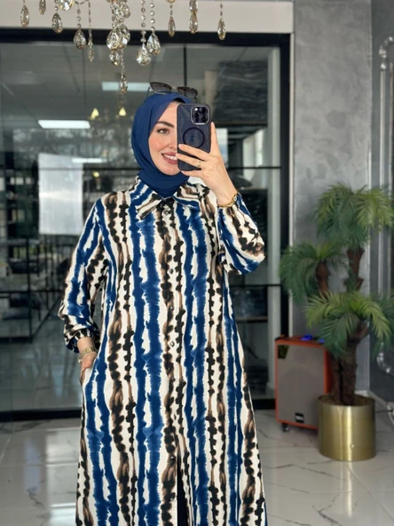 Lenna Uzun Gömlek-İndigo mavi indigo - Resim 4