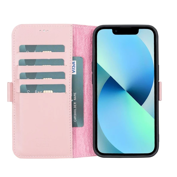 Apple iPhone 13 Uyumlu Deri Cüzdanlı Kılıf Toz Pembe ürün görseli 1