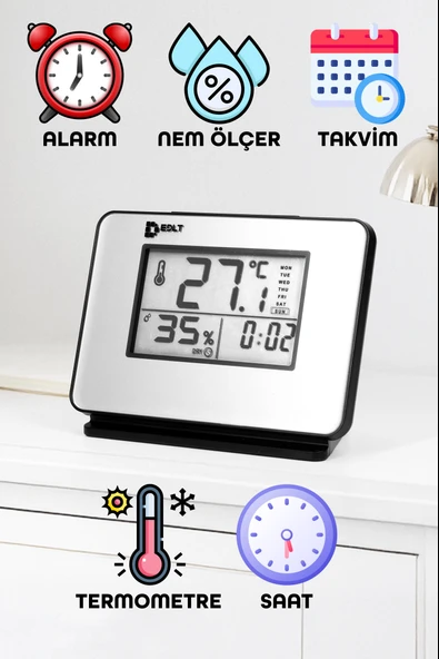 5 Fonksiyonlu Dijital Bebek Nem Ölçer Saat Takvim Alarm Termometre Masa Saati Alarmlı 1601 ürün görseli 1