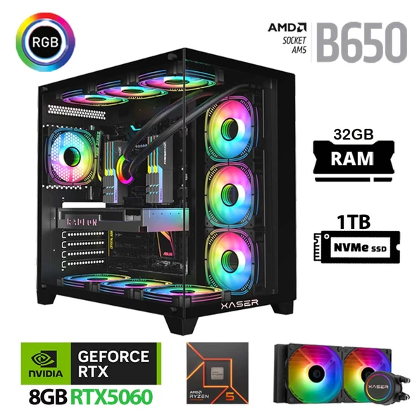 Xaser Lexus x620 Ryzen 5 7500F 32GB Ram 1TB M.2 NVMe SSD 8GB RTX5060 Sıvı Soğutmalı Oyuncu Tavsiye Sistem ürün görseli 1
