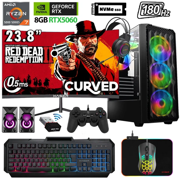 Xaser Xsr1142 Ryzen 7 5700X 32GB Ram 2TB M.2 NVMe SSD 8GB RTX5060 23.8" 180Hz Oyun Tavsiye Sistem ürün görseli 1
