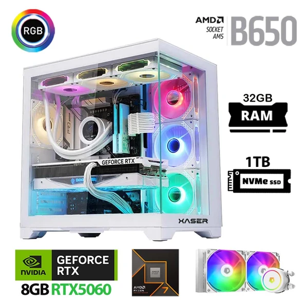 Xaser Lexus x590 Ryzen 7 7800X3D 32GB Ram 1TB M.2 NVMe SSD 8GB RTX5060 Sıvı Soğutmalı Beyaz Oyuncu Tavsiye Sistem ürün görseli 1