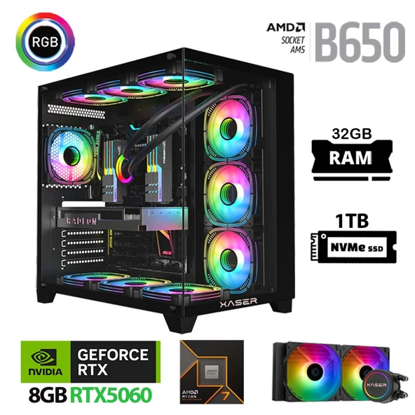 Xaser Lexus x650 Ryzen 7 9700X 32GB Ram 1TB M.2 NVMe SSD 8GB RTX5060 Sıvı Soğutmalı Oyuncu Tavsiye Sistem ürün görseli 1