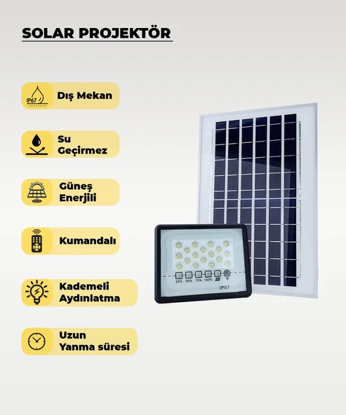 60W  Solar Projektör IP67 Beyaz Işık (Su Geçirmez - Dış Mekan) ürün görseli 1