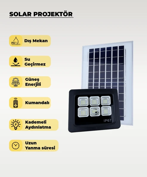 60W  Solar Projektör IP67 Beyaz Işık (Su Geçirmez - Dış Mekan) ürün görseli 1