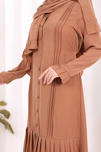 Pilise Detay Elbise ŞAL HEDİYE   6039 Taba - Resim 7