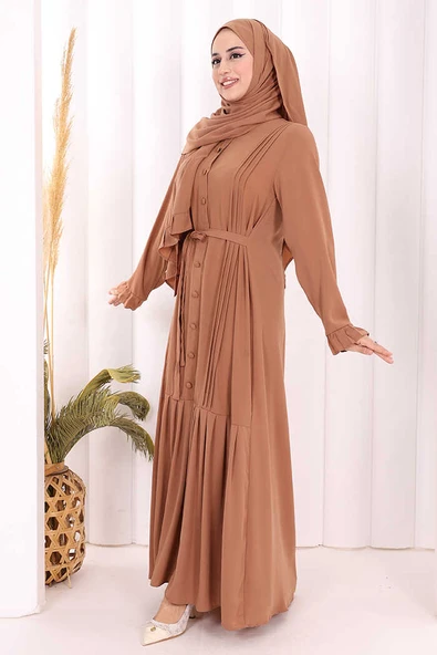 Pilise Detay Elbise ŞAL HEDİYE   6039 Taba - Resim 3