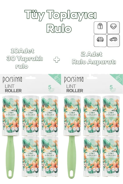 Porsima 3107 Kedi Köpek Tüy Toplayıcı Rulo + 10 Adet Rulo + 2 Adet Tutma Aparatı Toplam 300 Yaprak Yeşil ürün görseli 1