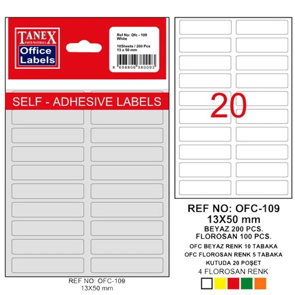 Tanex Ofis Etiketi Poşetli 13x50 MM Beyaz OFC-109 (10 lu paket) ürün görseli 1