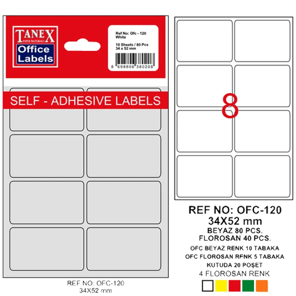 Tanex Ofis Etiketİ Poşetli 34x55 MM Beyaz OFC-120 (10 lu paket) ürün görseli 1