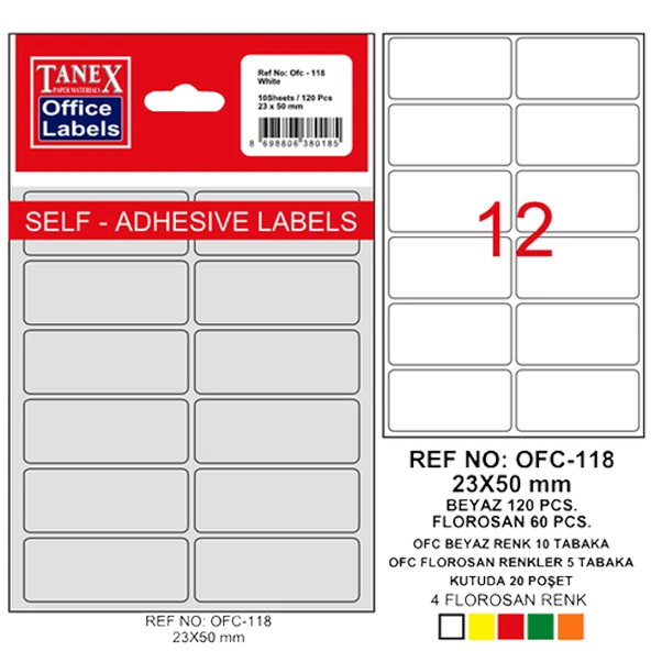 Tanex Ofis Etiketi Poşetli 23x50 MM Beyaz OFC-118 (10 lu paket) ürün görseli 1