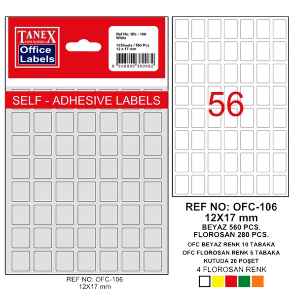 Tanex Ofis Etiketi Poşetli 12x17 MM Beyaz OFC-106 (10 lu paket) ürün görseli 1
