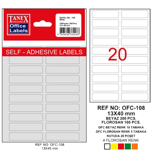 Tanex Ofis Etiketi Poşetli 13x40 MM Beyaz OFC-108 (10 lu paket) ürün görseli 1